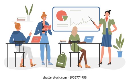 Student people training with teacher in classroom vector illustration. Cartoon young woman lecturer pointing to whiteboard with graph and chart, teaching group of students in lesson or lecture