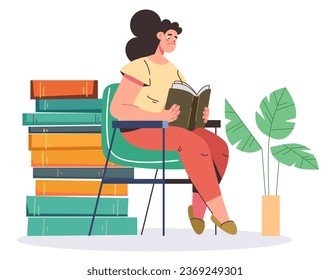 Student people woman girl read book education club concept. Vector flat graphic design illustration
