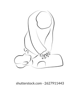 Aluno realizando RCP Reanimação cardiopulmonar na mão do vetor de ilustração do manequim desenhado com linhas pretas.