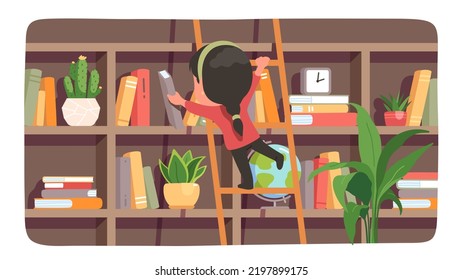 Student person choosing book on library bookshelf. Girl kid person standing on ladder taking textbook from shelf. Literature, education, school study, knowledge concept flat vector illustration 
