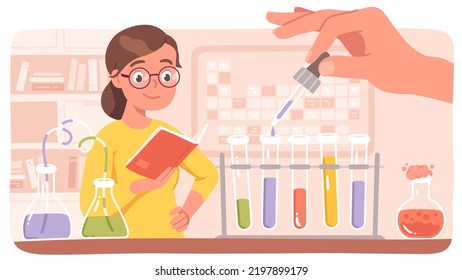 Student person studying chemistry science. Woman learn holding book, hand adding chemical substance in flask in scientific laboratory. University education, knowledge concept flat vector illustration