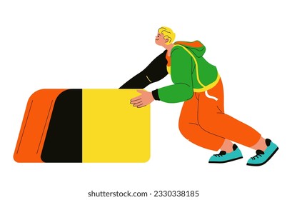 Student personage with eraser for documents, isolated male characters with office stationery. Worker or student moving pieces of soft rubber or plastic to rub something. Vector in flat style