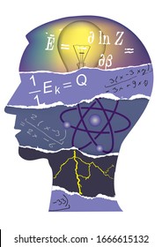 
Student of Physics, paper collage silhouette.
Male head stylized silhouette with torn paper with Physics symbols and notes. Vector available.