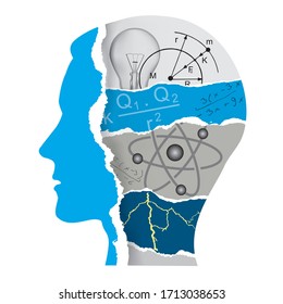 Student of Physics, paper collage silhouette.
Male head stylized silhouette with torn paper with Physics symbols and physical formulas. Vector availabl