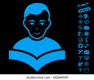 Student pictograph with bonus flying drone tools design elements. Vector illustration style is flat iconic blue symbols on black background.