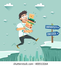 Student with pile of books jumping over the abyss or cliff. Education, Graduation concept, going to university or college. Vector colorful illustration in flat style