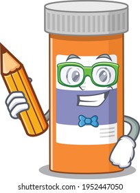 A student pills drug bottle mascot design study at home during pandemic. Vector illustration