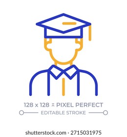 Student pixel perfect two color line icon. Young man in robe and mortarboard graduating college. Education bicolor outline symbol. Duotone linear pictogram. Isolated illustration. Editable stroke