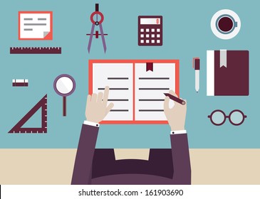Student place of pupil with textbook and objects  for study. Flat design style - vector illustration