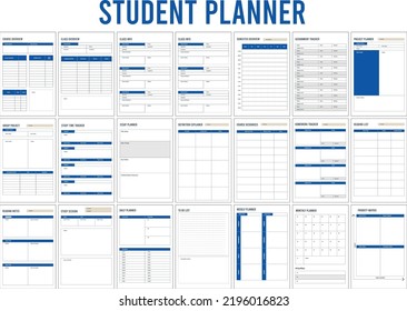 Student Planner and organizer, daily, weekly and monthly planner, course overview, project tracker, list to do, study time tracker, reading notes, homework planner