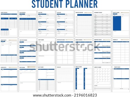 Student Planner and organizer, daily, weekly and monthly planner, course overview, project tracker, list to do, study time tracker, reading notes, homework planner
