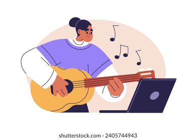 Estudiante tocando guitarra acústica en una clase de música en línea. Mujer con instrumento de cuerda estudiando en video tutorial en línea. Concepto de educación a distancia. Ilustración vectorial plana aislada en fondo blanco