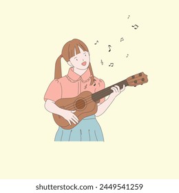 a student playing ukurele, a schoolgirl, a singing child