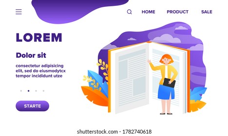 Student pointing hand at book pages. Open textbook, tiny character, reader, knowledge flat vector illustration. Library, literature, education concept for banner, website design or landing web page