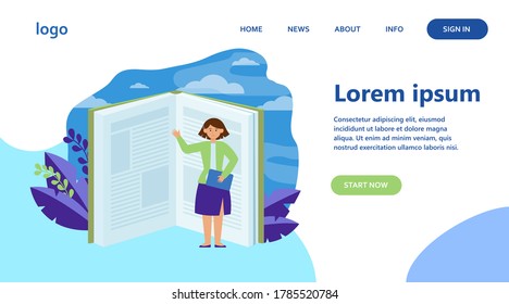 Estudiante apuntando a las páginas de los libros. Abrir libro de texto, carácter diminuto, lector, conocimiento de ilustración vectorial plana. Biblioteca, literatura, concepto de educación para banner, diseño de sitios web o página web de inicio