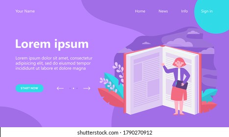 Student pointing hand at book pages. Open textbook, tiny character, reader, knowledge flat vector illustration. Library, literature, education concept for banner, website design or landing web page