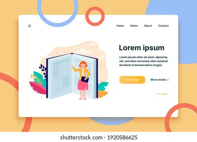 Student pointing hand at book pages. Open textbook, tiny character, reader, knowledge flat vector illustration. Library, literature, education concept for banner, website design or landing web page