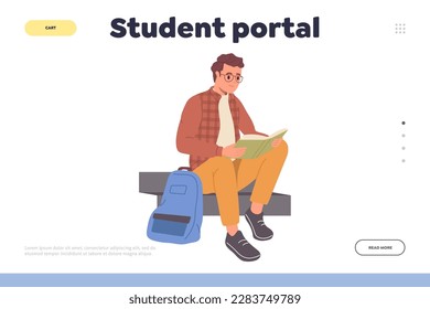 Student portal landing page template with male pupil reading book while sitting on bench