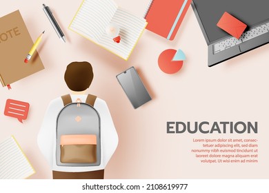 Student prepare to off to college with various school supplies in pastel color scheme vector illustration