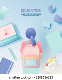 Los estudiantes se preparan para ir a la universidad con varios suministros escolares en el esquema de colores pastel ilustración vectorial