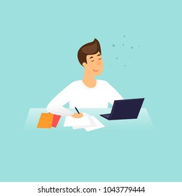 Student prepares for exams, education, training courses, internet studying, online book. Flat design vector illustration.