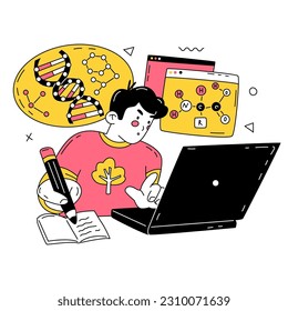 A student is preparing for a biology seminar. The science that studies DNA. Computer training. Online education. Molecules, biological compounds. Vector illustration isolated on white background. 