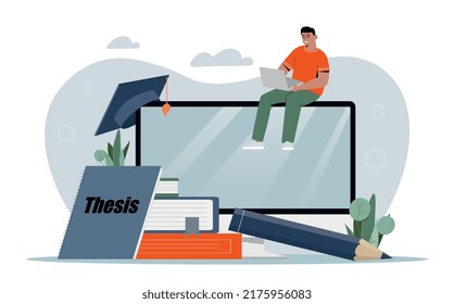 Student preparing dissertation. Young guy with laptop computer writes thesis, homework and distance learning. Education, studying and preparation for examination. Cartoon flat vector illustration