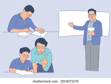 Student preparing exam and learning lessons,  Male professor Teacher using whiteboard with class to explain the subject 