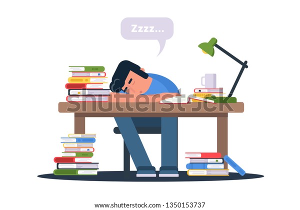 受験生がベクター画像のイラストを作成 疲れ果てた生徒の詰め込み漫画のキャラクター 10代の若者が本を持ってテーブルで寝ている 開いている教科書の山 コーヒーを飲んで勉強してる男 のベクター画像素材 ロイヤリティフリー