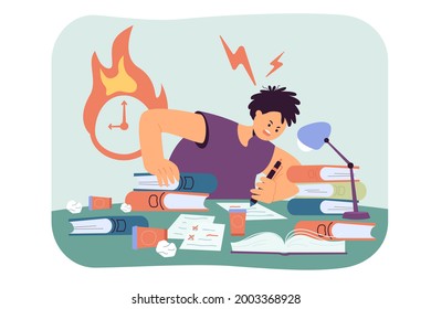 Student preparing for test at last moment. Flat vector illustration. Sad guy writing assignments at night, studying books, working hard before exam. Knowledge, deadline, panic, school concept