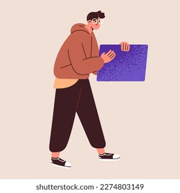 Estudiante presentando algo abstracto. Figura geométrica de la mano, mostrando presentación, solución de negocios de innovación. Hombre inteligente en gafas con oferta de negocios, concepto de idea. Ilustración vectorial plana