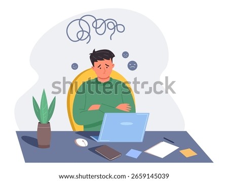Student problem at computer. Exhausted sad guy home desk with laptop, homework or office employee work learning education frustrated teenager person study table vector illustration