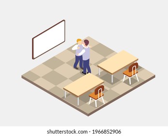 Student problem vector concept. Two angry student arguing and fighting in the classroom