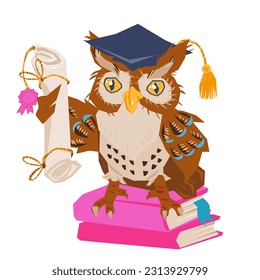 Student or professor owl character with diploma, flat vector illustration isolated on white background. Owl for education and back to school topics.