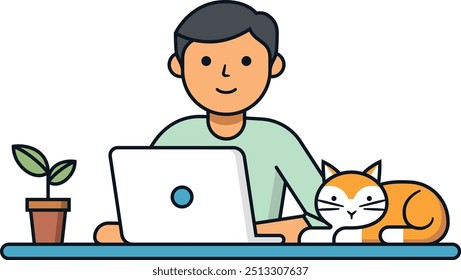 Student programmer sits at table with laptop and cat