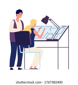 Proyecto estudiantil. Apartamento de diseño, trabajo de diseño plano. Empresa de arquitectura, arquitecta femenina e ilustración vectónica del cliente