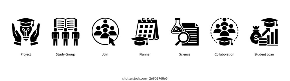 Student Projects web banner icon vector illustration featuring Project, Study Group, Join, Planner, Science, Collaboration, and Student Loan.