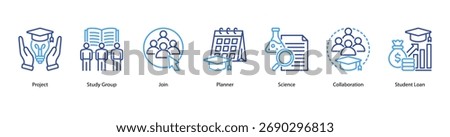 Student Projects web banner icon vector illustration featuring Project, Study Group, Join, Planner, Science, Collaboration, and Student Loan.