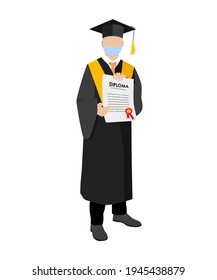 Estudiante con mascarilla protectora aislado en el fondo blanco en el gorro académico y uniforme con diploma certificado. Ilustración del vector