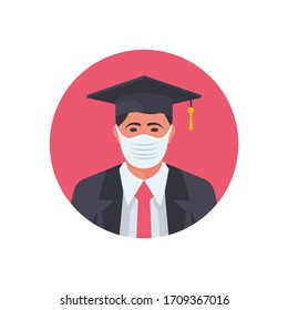 Student in a protective medical mask on his face. Graduate cap on the head. The concept of obtaining education during the quarantine period. Home education. Vector illustration flat design. 