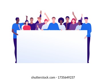 Student protest and activism concept. Vector flat person illustration. Crowd of multi-ethnic young adult people hold banner with copy space. Full-length. Design element for infographic, web, ad.