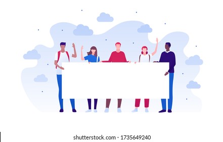 Student protest and activism concept. Vector flat person illustration. Group of multi-ethnic young adult people hold banner with copy space. Full-length. Design element for infographic, web, ad.