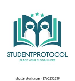 Student protocol vector logo template. This design use book and human use mask symbol. Suitable for education.