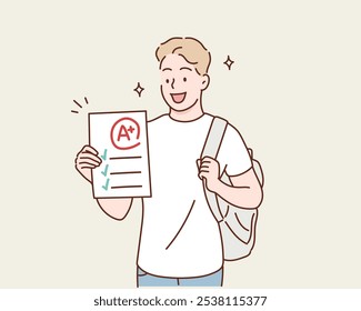 Un estudiante con orgullo sosteniendo un papel de prueba con una calificación A +. estudiante que lo hizo bien en un examen. Ilustraciones de diseño de Vector de estilo dibujado a mano.