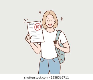 Um estudante orgulhosamente segurando um papel de teste com nota A+. estudante que foi bem em um teste. Ilustrações de design de vetor de estilo desenhado à mão.