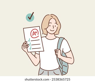 Un estudiante con orgullo sosteniendo un papel de prueba con una calificación A +. estudiante que lo hizo bien en un examen. Ilustraciones de diseño de Vector de estilo dibujado a mano.