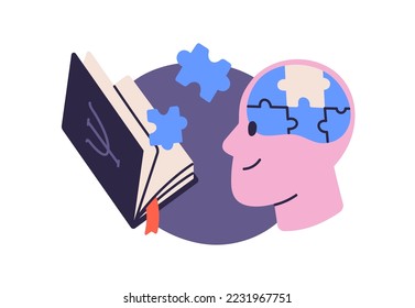 Student and psychology book. Psychological education, knowledge concept. Reader pupil reading, studying philosophy. Brain puzzle, memory. Flat vector illustration isolated on white background