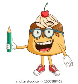 Student of pudding custard cartoon character holding a pencil with funny smile face