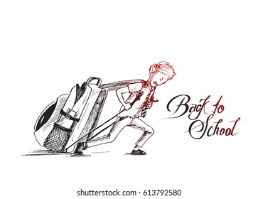 Student pull their heavy bag with text of back to school, vector illustration.