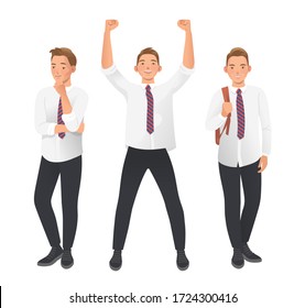 Student, pupil, high school boy in uniform. Poses Set on white background. Thoughtful pose, hand on chin. Winning pose with arm up. Relaxed pose with backpack. Flat vector illustration